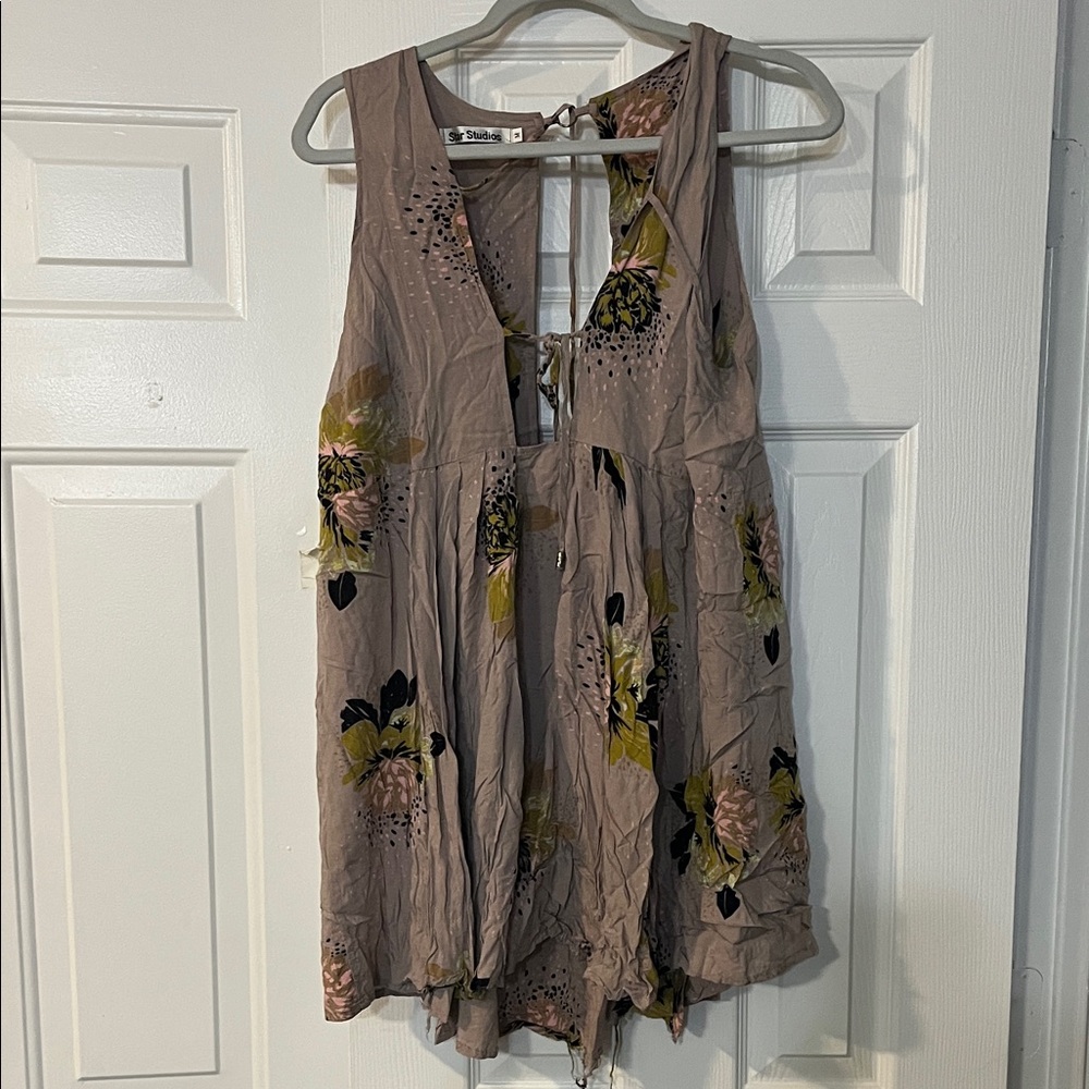 eShakti Floral Sleeveless Dress - Taupe and Yellow
